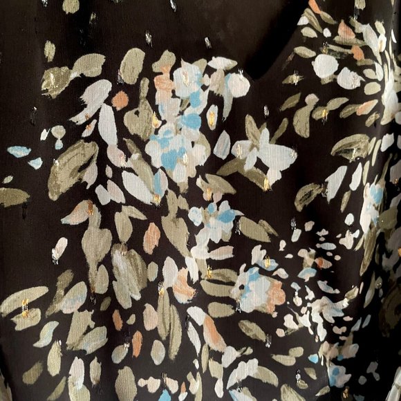 WHBM Floral Metallic Sheer Print Blouse Sz 2 Balloon Sleeve V Lined Black/Blue - Picture 14 of 16